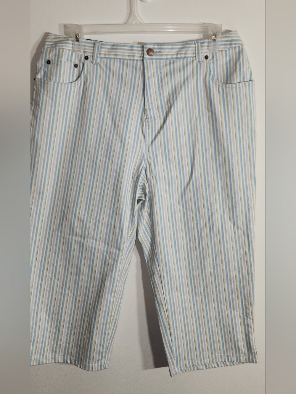 16 Petite Capri Pants Light Blue, White and Tan Striped NWT